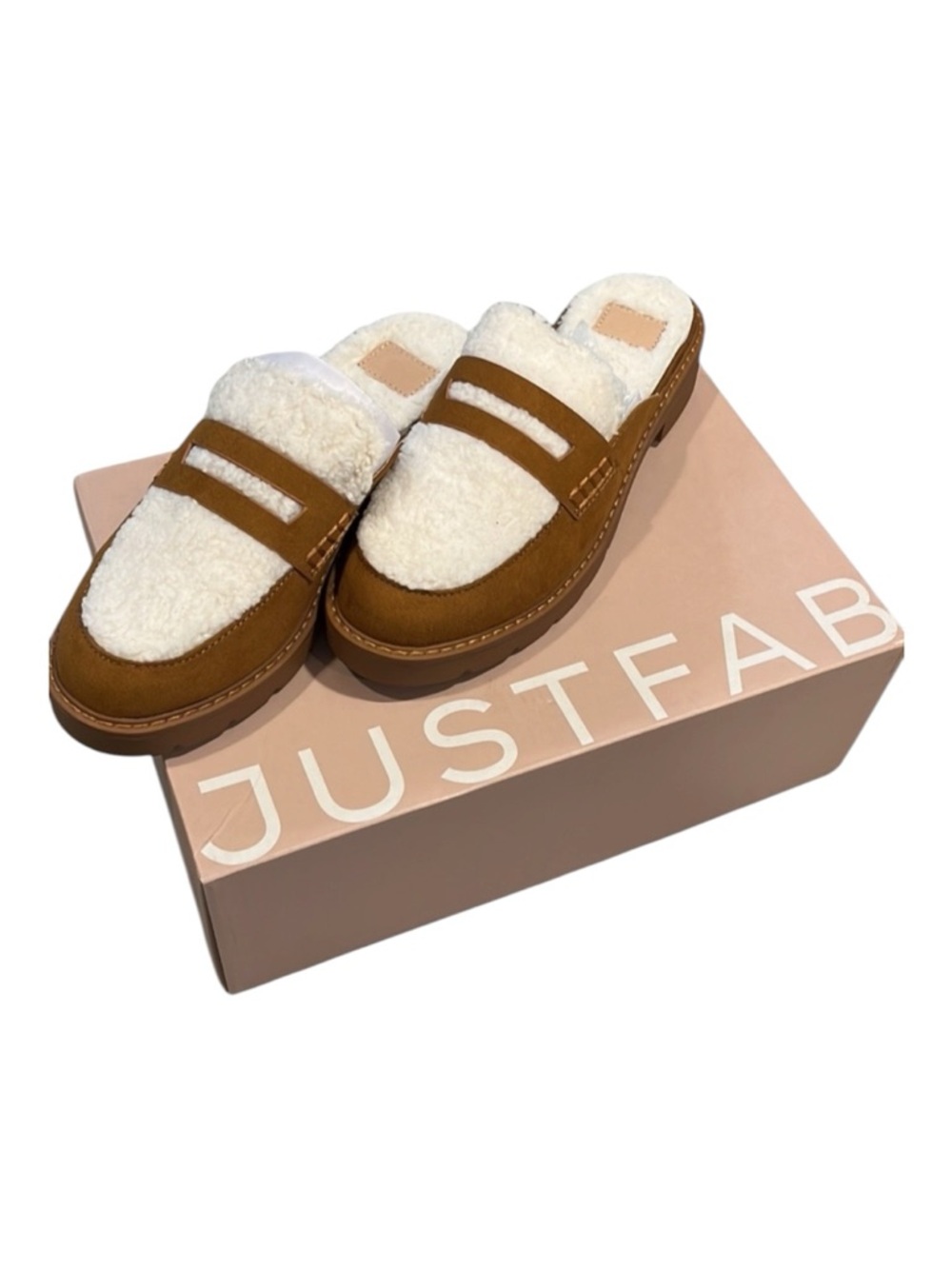 JUSTFAB DANICA SHERPA LUG SOLE MULES CAMEL BONE SIZE 6.5 NEW IN BOX